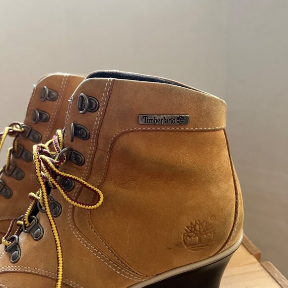 Timberland Size 8.5 M Tan Leather Lace-Up Wedge Heel Ankle Bootie Boots Shoes - Picture 16 of 16